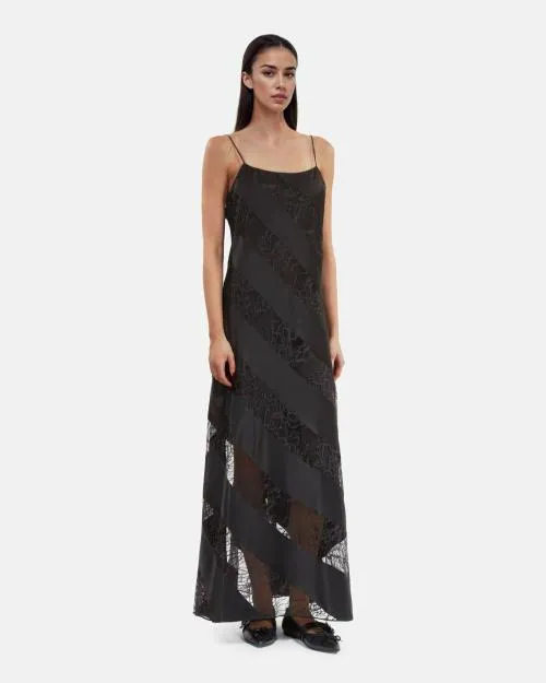 Women Dresses The Kooples Long Black Silk And Lace Babydoll Dress Black