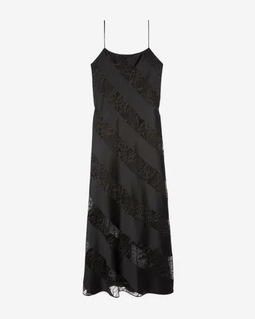 Women Dresses The Kooples Long Black Silk And Lace Babydoll Dress Black