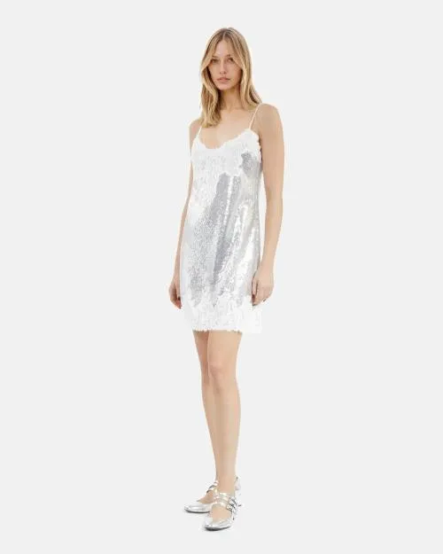 Women Dresses The Kooples Short Silver Sequin Babydoll Dress Silver