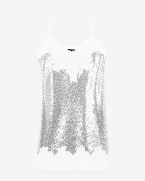 Women Dresses The Kooples Short Silver Sequin Babydoll Dress Silver