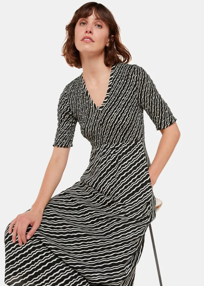 Women Dresses Whistles Black Diagonal Ripple Shirred Dress
