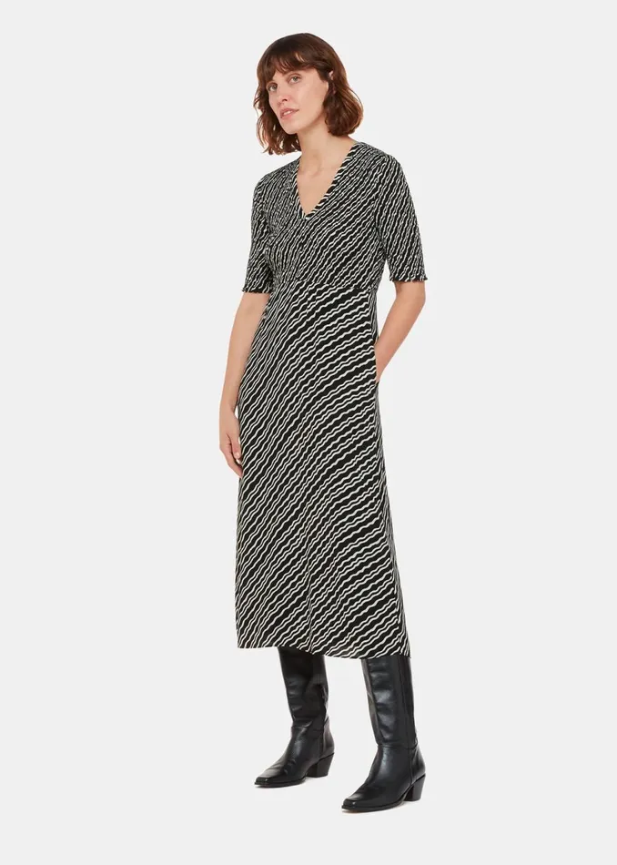 Women Dresses Whistles Black Diagonal Ripple Shirred Dress