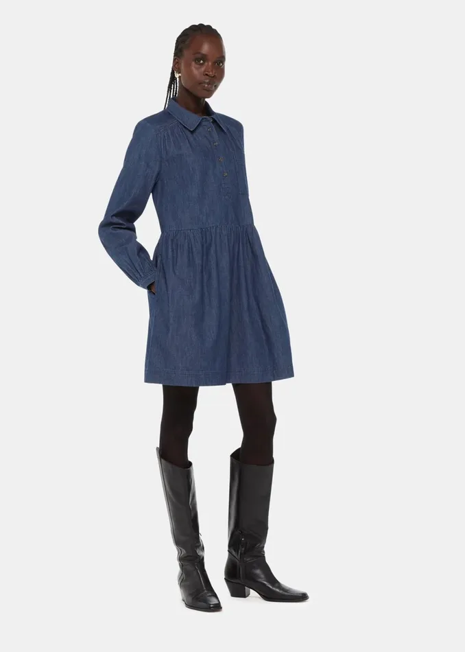 Women Dresses Whistles Dark Denim Winnie Chambray Denim Dress