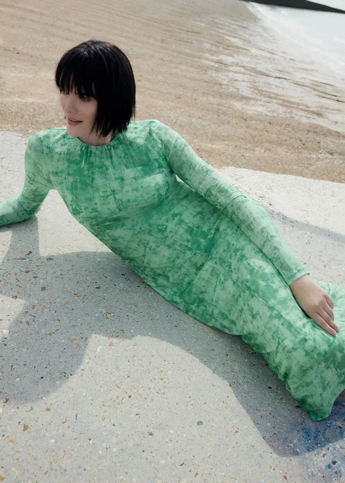 Women Dresses Whistles Green Brushwork Print Mesh Dress