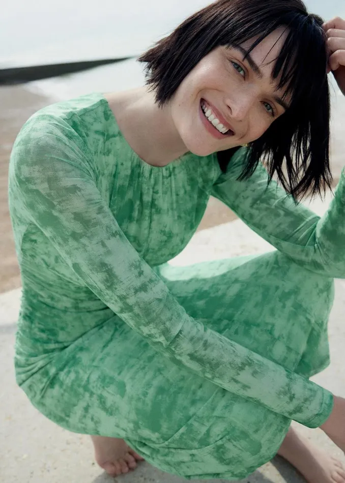 Women Dresses Whistles Green Brushwork Print Mesh Dress