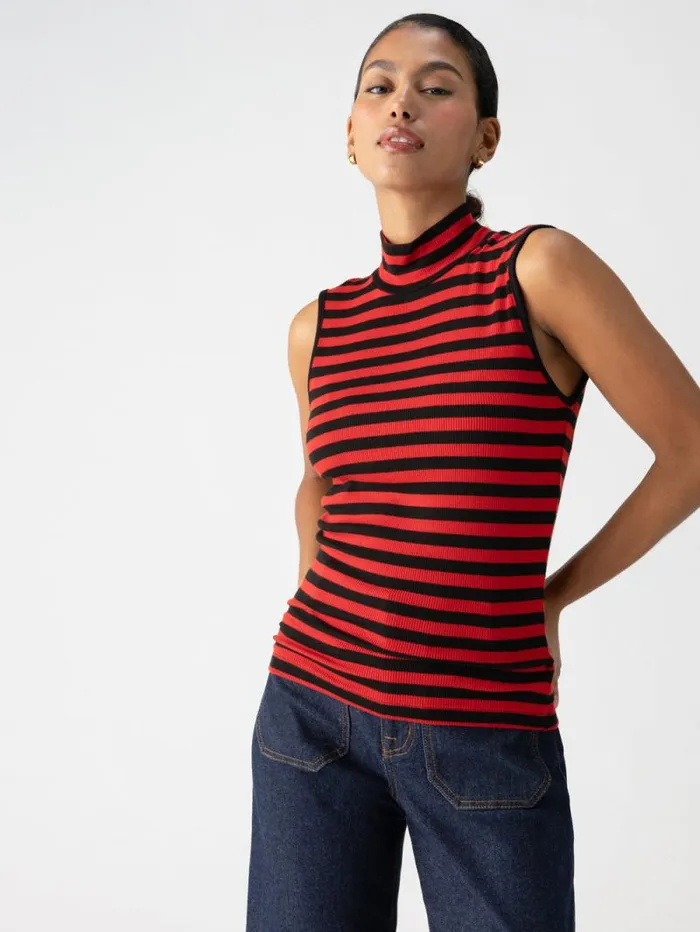 Women Essential Sleeveless Mock Neck Tank Black Cherry Red Stripe Sanctuary Clothing Tees and Tops Women Essential Sleeveless Mock Neck Tank Black Cherry Red Stripe Sanctuary Clothing Tees and Tops