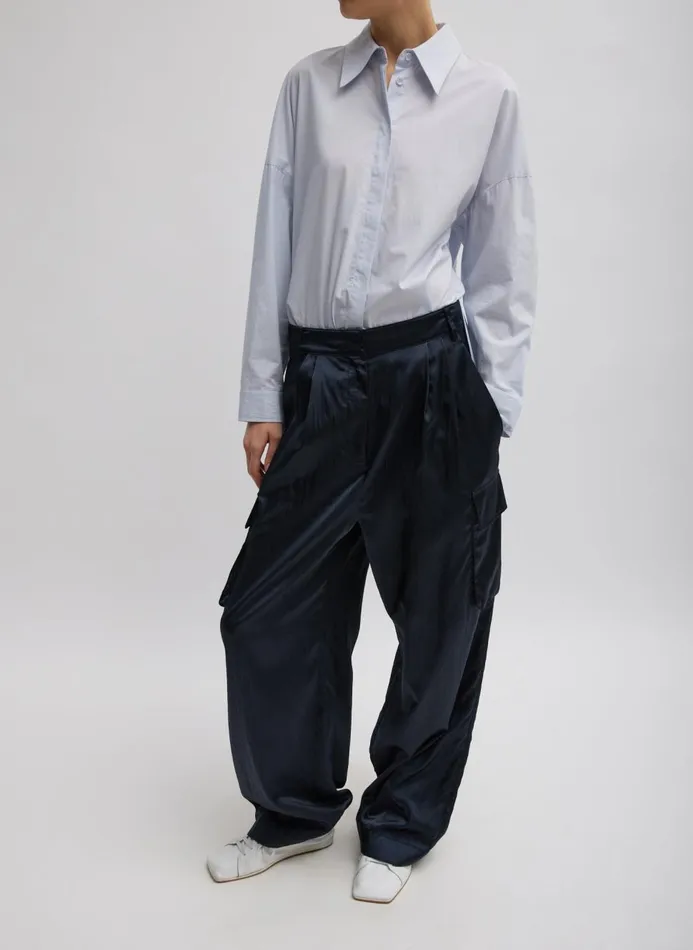 Women Fundamentals Tibi Shiny Nylon Pleated Stella Cargo Pant Navy