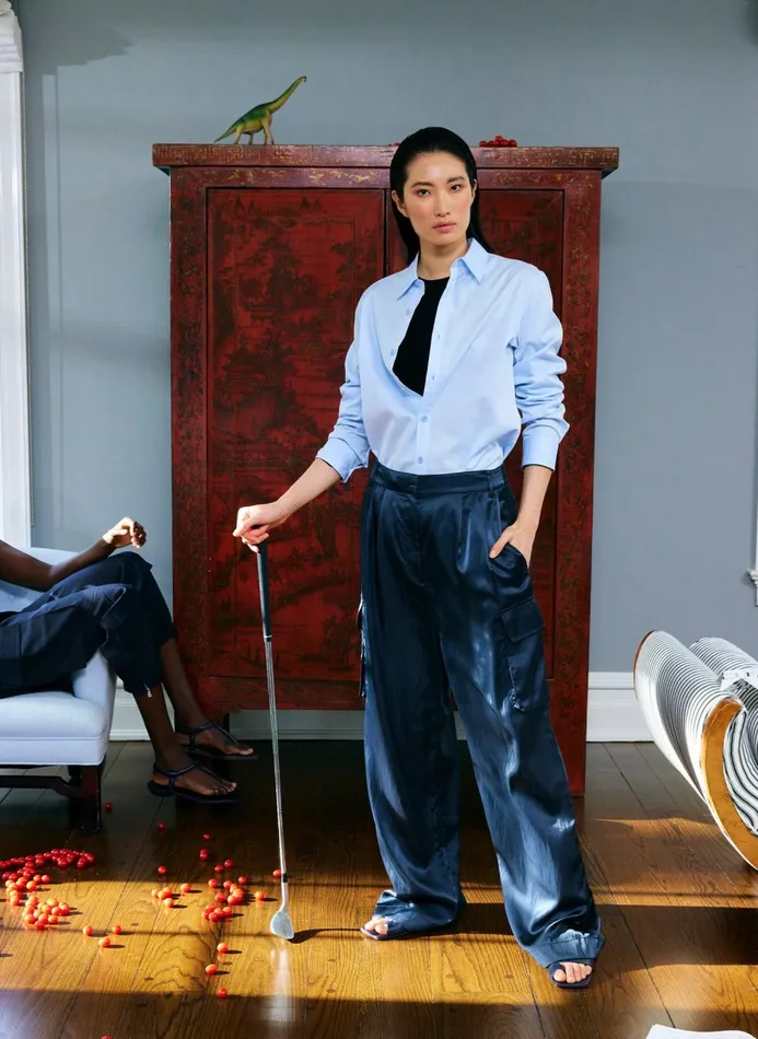 Women Fundamentals Tibi Shiny Nylon Pleated Stella Cargo Pant Navy