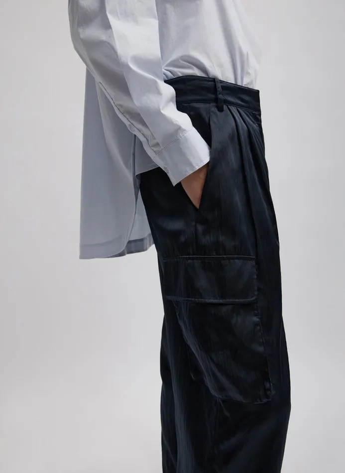 Women Fundamentals Tibi Shiny Nylon Pleated Stella Cargo Pant Navy