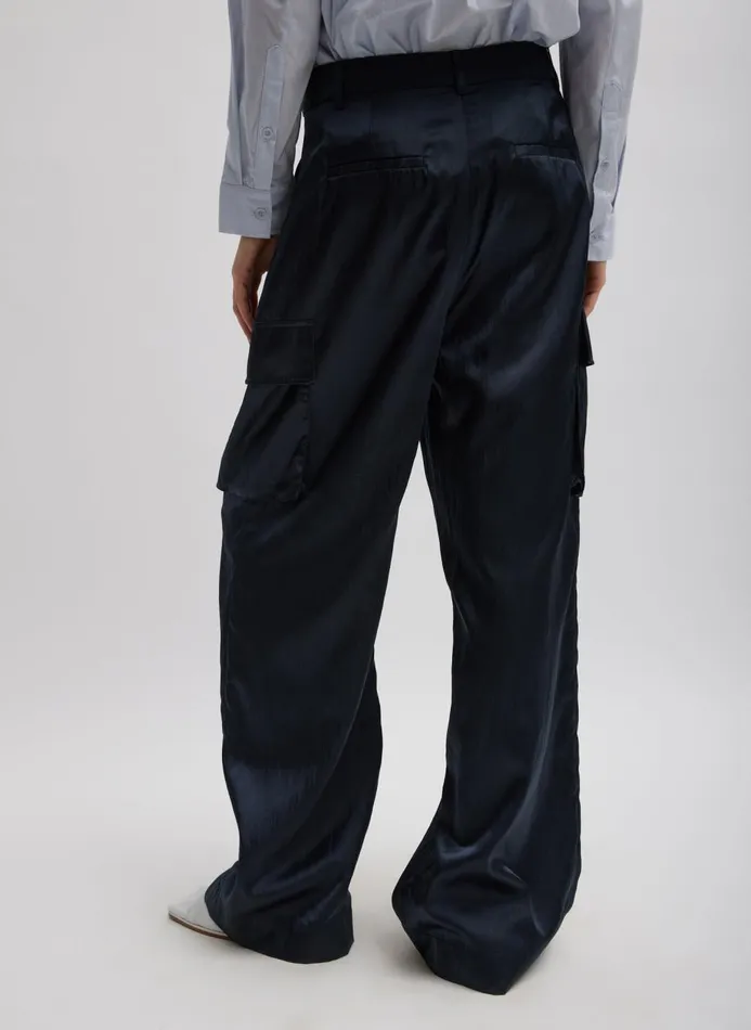 Women Fundamentals Tibi Shiny Nylon Pleated Stella Cargo Pant Navy