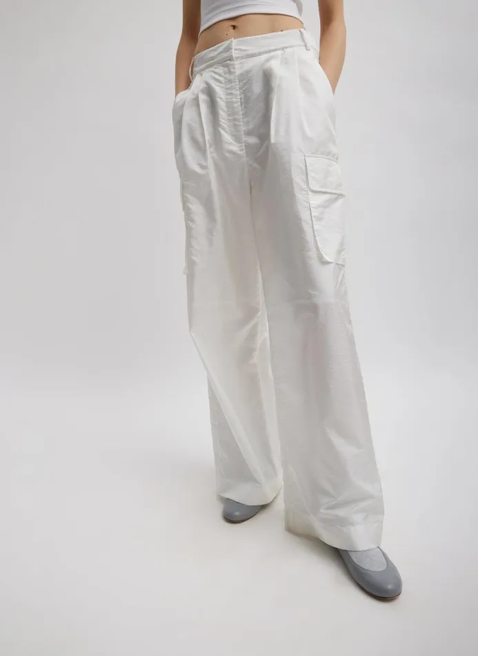 Women Fundamentals Tibi Stella Crispy Nylon Pleated Cargo Pant White