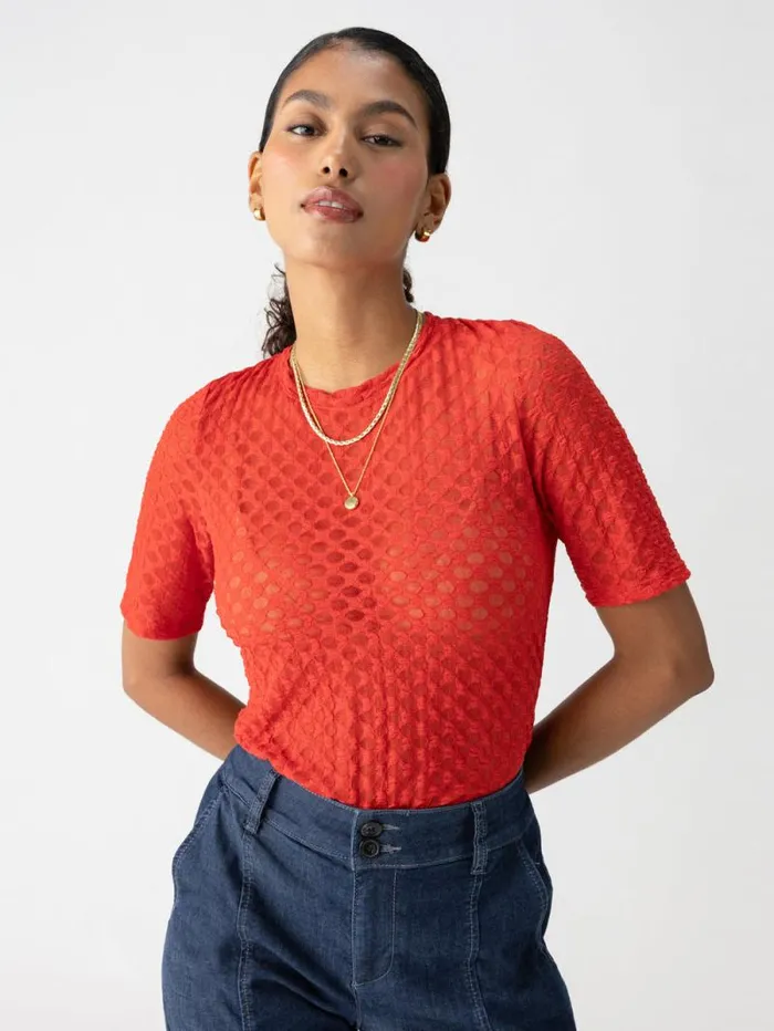 Women Geo Mesh Tee Cherry Red Sanctuary Clothing Tees and Tops