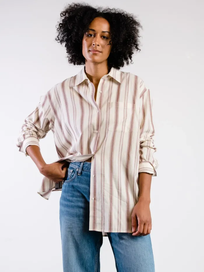 Women Harris Oversized Button Down Shirt Nutmeg Stripe Tops Able