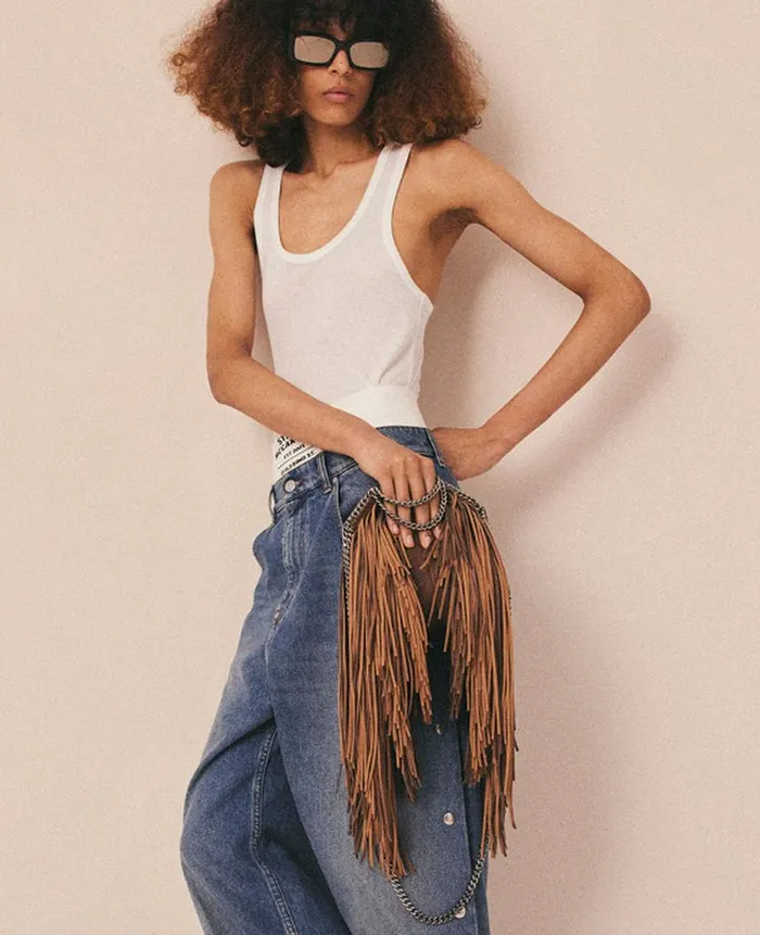 Women Iconic Falabella Stella McCartney Fringe Falabella Tiny Tote Bag Dark Cinnamon