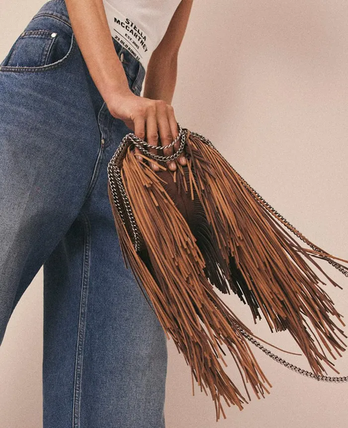 Women Iconic Falabella Stella McCartney Fringe Falabella Tiny Tote Bag Dark Cinnamon