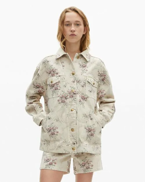 Women Jackets and Blazers The Kooples Beige Denim Jacket With 039Antik Flowers039 Print Beige Taupe