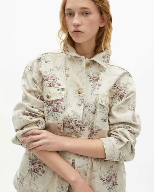 Women Jackets and Blazers The Kooples Beige Denim Jacket With 039Antik Flowers039 Print Beige Taupe