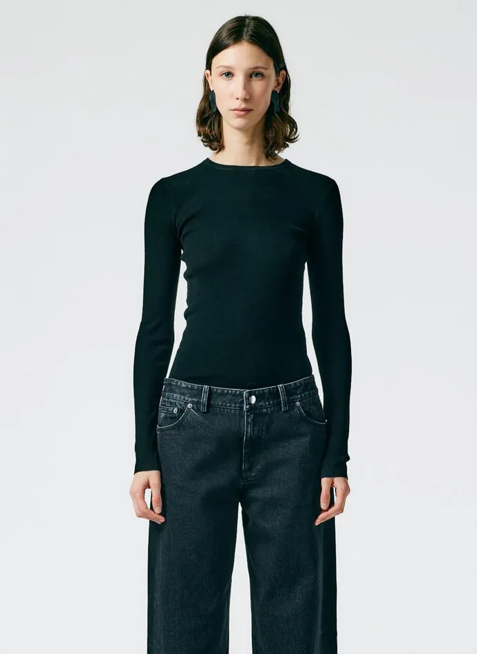 Women Knitwear and Sweatshirts Tibi Feather Weight Ribbed Crewneck Pullover Sweater Black Women Knitwear and Sweatshirts Tibi Feather Weight Ribbed Crewneck Pullover Sweater Black