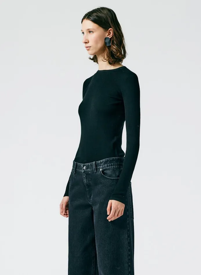 Women Knitwear and Sweatshirts Tibi Feather Weight Ribbed Crewneck Pullover Sweater Black
