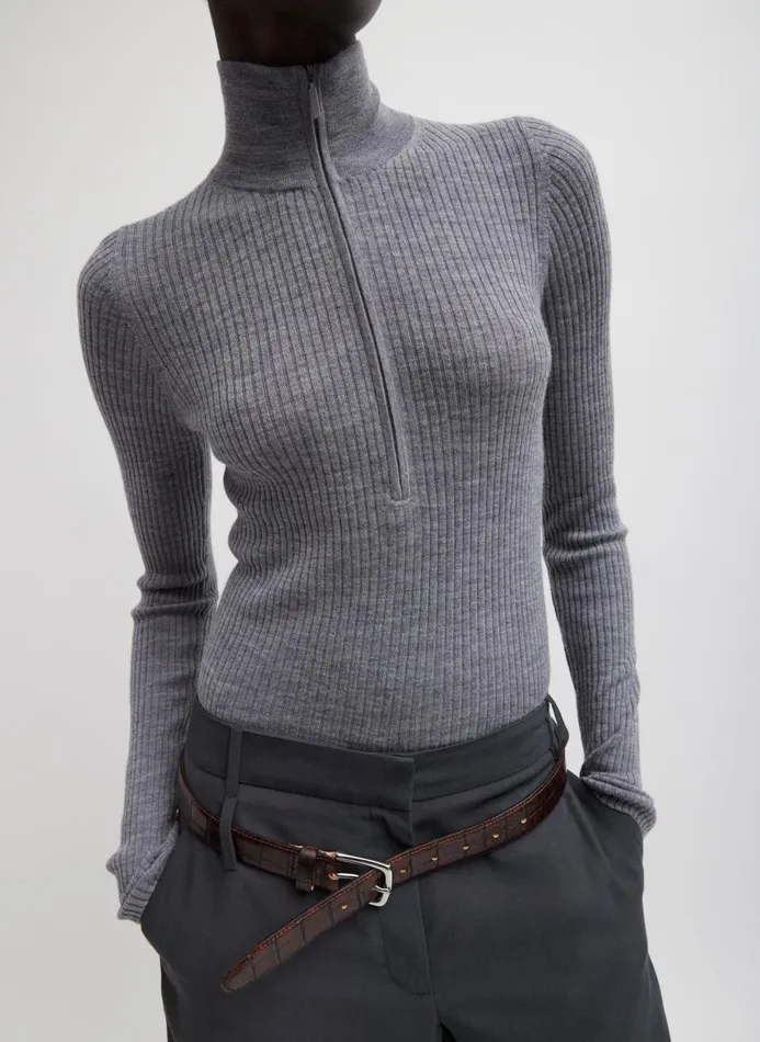 Women Knitwear and Sweatshirts Tibi Feather Weight Ribbed Turtleneck Zip Up Sweater Grey Women Knitwear and Sweatshirts Tibi Feather Weight Ribbed Turtleneck Zip Up Sweater Grey