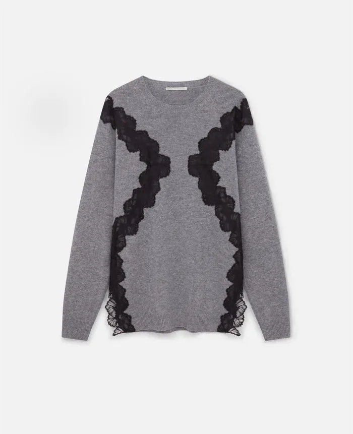 Women Knitwear Stella McCartney Lace Insert Long Sleeve Sweater Gray Meacutelange Women Knitwear Stella McCartney Lace Insert Long Sleeve Sweater Gray Meacutelange