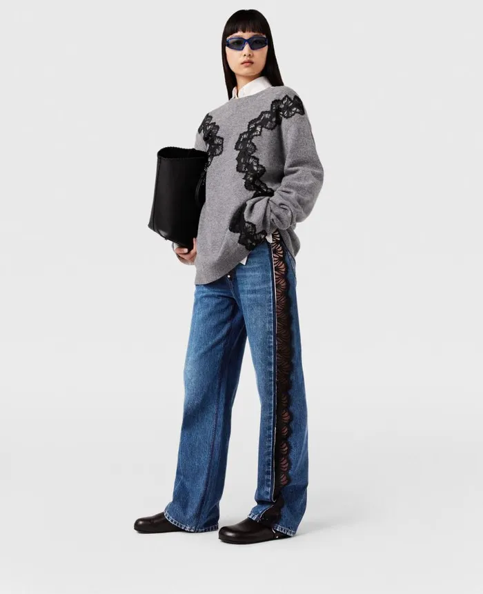 Women Knitwear Stella McCartney Lace Insert Long Sleeve Sweater Gray Meacutelange
