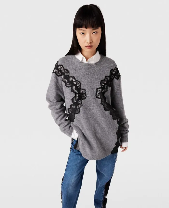 Women Knitwear Stella McCartney Lace Insert Long Sleeve Sweater Gray Meacutelange