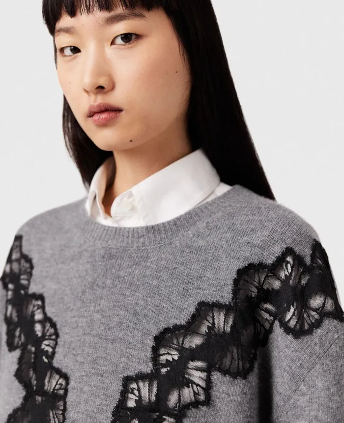 Women Knitwear Stella McCartney Lace Insert Long Sleeve Sweater Gray Meacutelange