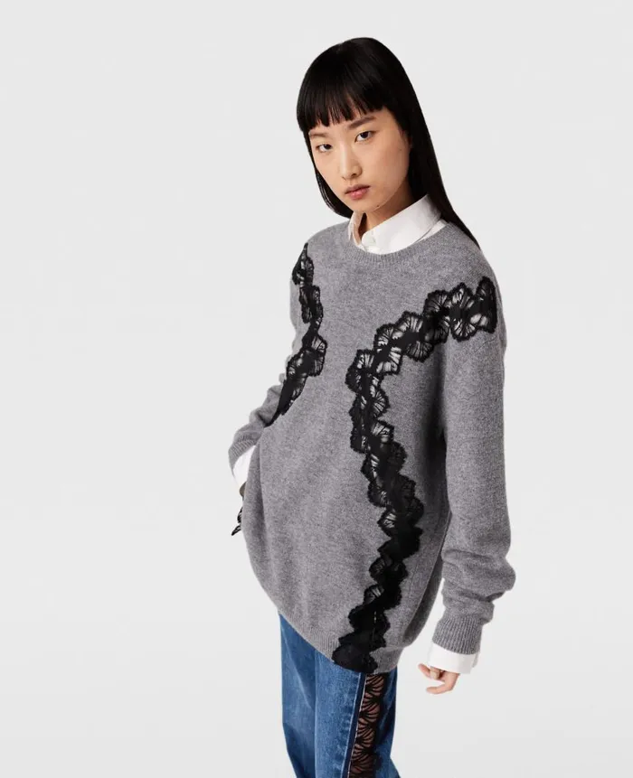 Women Knitwear Stella McCartney Lace Insert Long Sleeve Sweater Gray Meacutelange