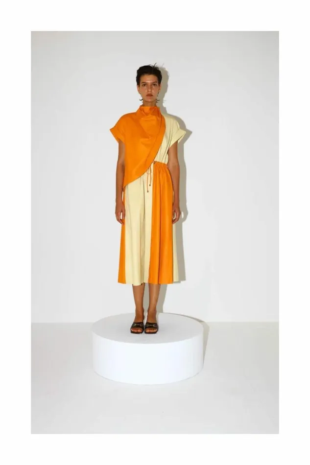 Women Leather DODO BAR OR Paula Dress Orange And Light Yellow Combo
