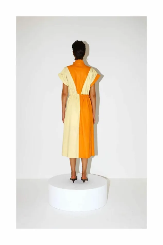 Women Leather DODO BAR OR Paula Dress Orange And Light Yellow Combo