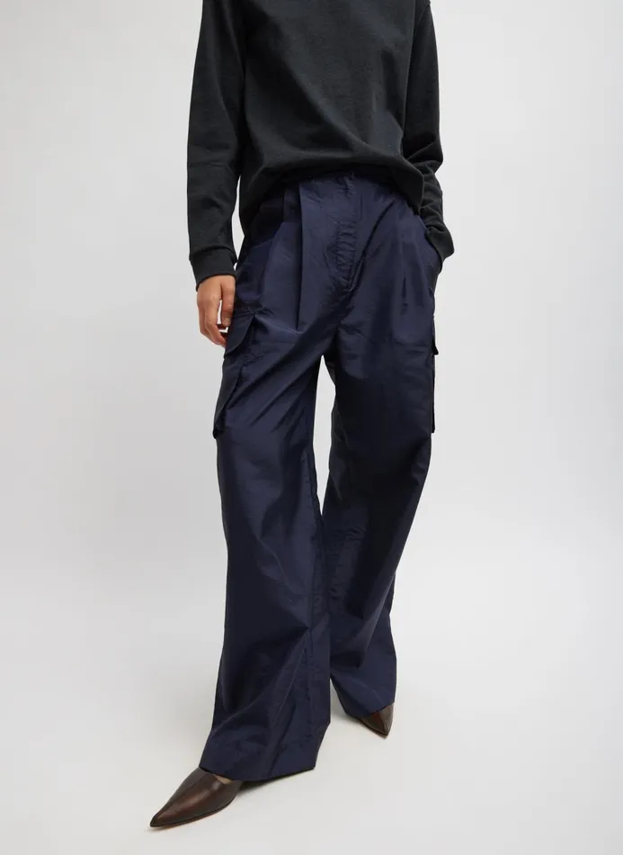 Women Pants and Shorts Tibi Crispy Nylon Stella Pleated Cargo Pant Navy