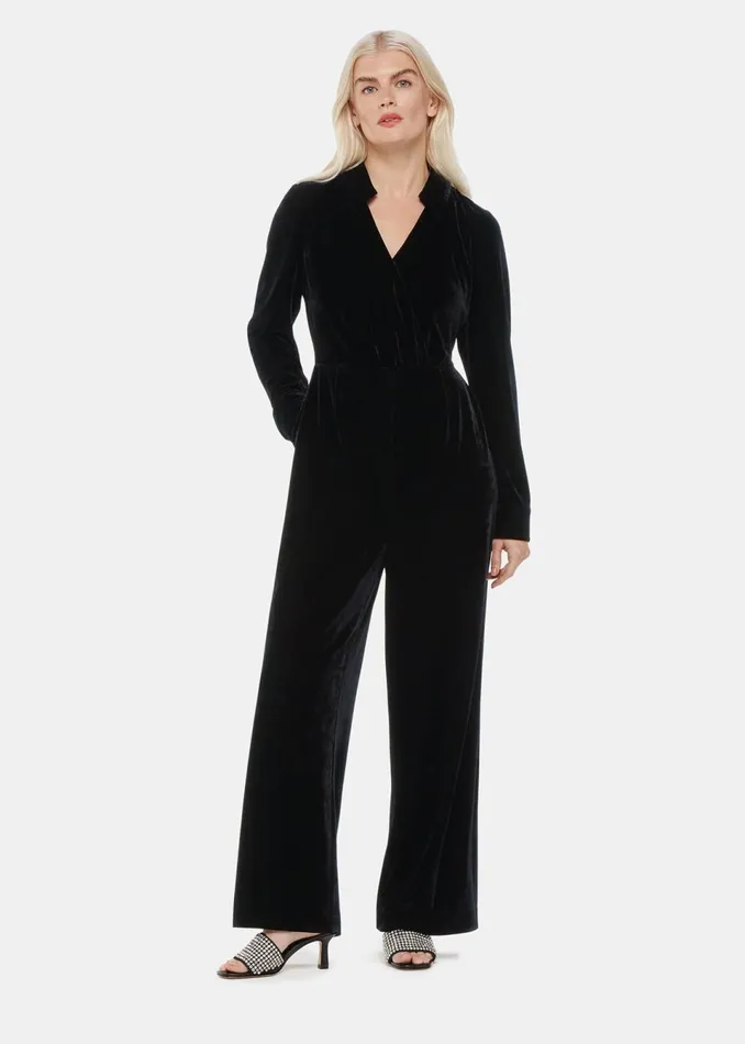 Women Petite Dresses and Jumpsuits Whistles Black Petite Wrap Velvet Jumpsuit