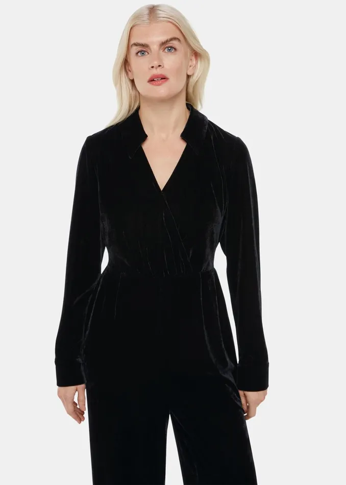 Women Petite Dresses and Jumpsuits Whistles Black Petite Wrap Velvet Jumpsuit