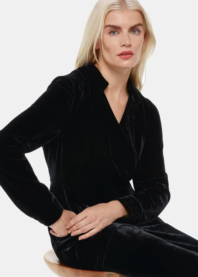 Women Petite Dresses and Jumpsuits Whistles Black Petite Wrap Velvet Jumpsuit