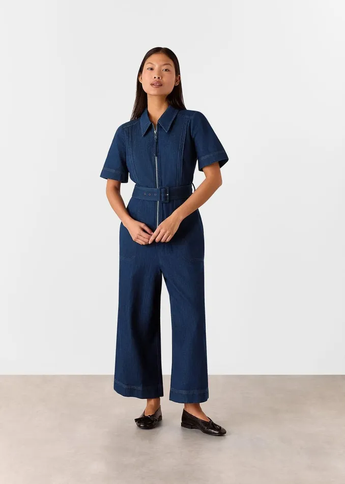 Women Petite Dresses and Jumpsuits Whistles Denim Petite Denim Pintuck Belted Jumpsuit
