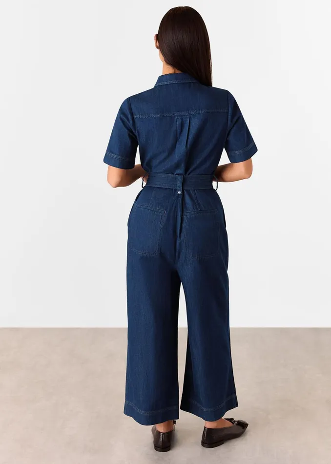 Women Petite Dresses and Jumpsuits Whistles Denim Petite Denim Pintuck Belted Jumpsuit