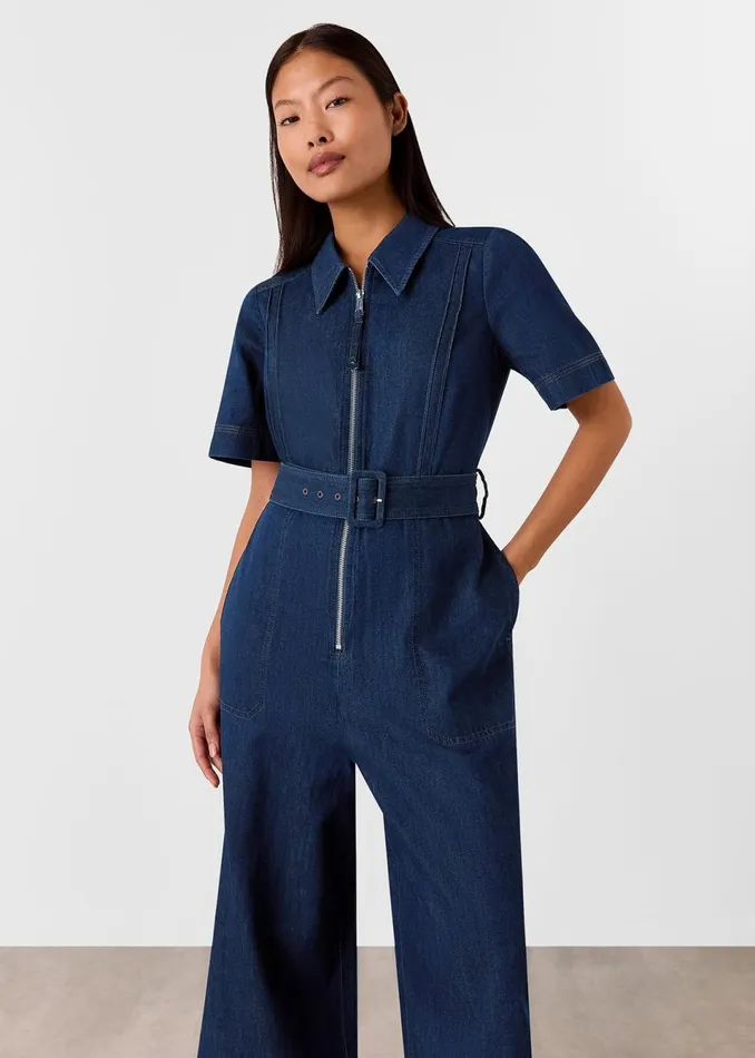 Women Petite Dresses and Jumpsuits Whistles Denim Petite Denim Pintuck Belted Jumpsuit