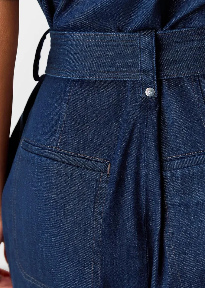 Women Petite Dresses and Jumpsuits Whistles Denim Petite Denim Pintuck Belted Jumpsuit