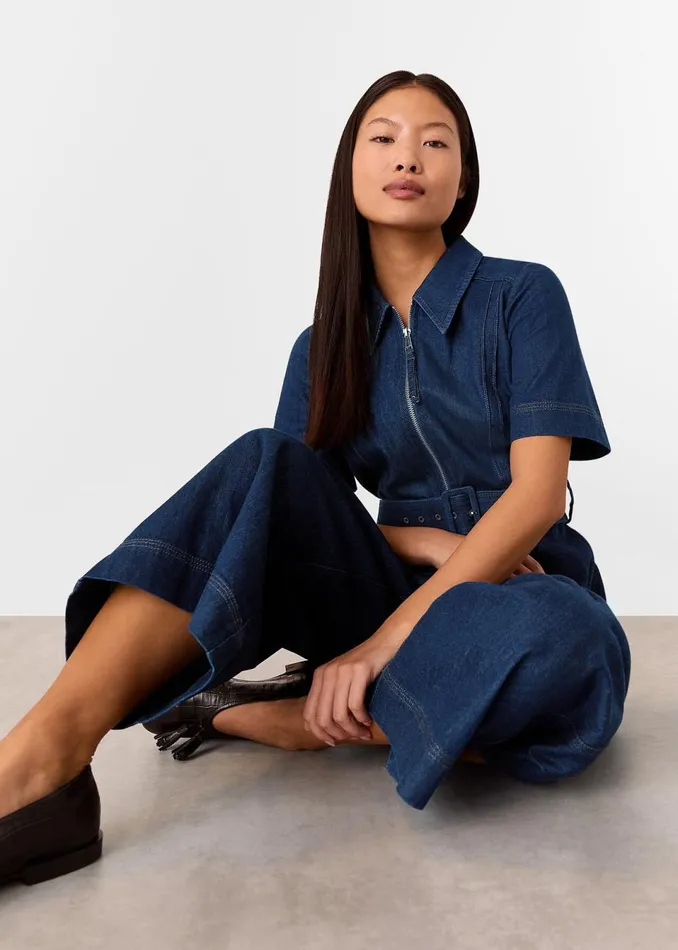 Women Petite Dresses and Jumpsuits Whistles Denim Petite Denim Pintuck Belted Jumpsuit