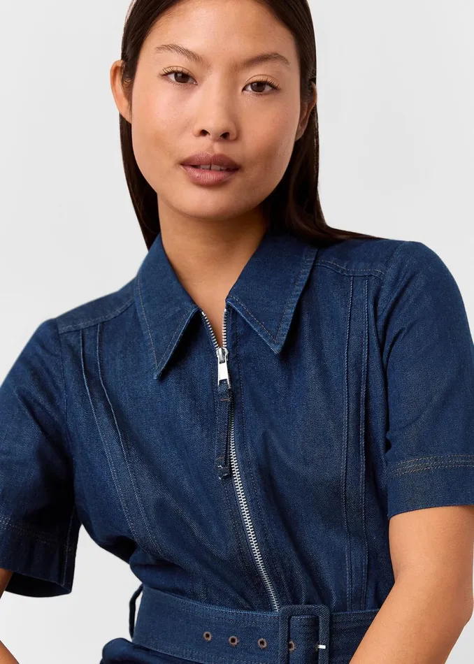 Women Petite Dresses and Jumpsuits Whistles Denim Petite Denim Pintuck Belted Jumpsuit