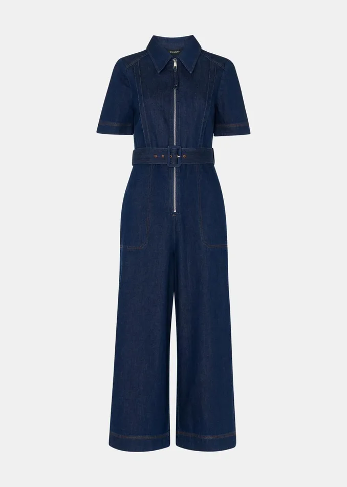 Women Petite Dresses and Jumpsuits Whistles Denim Petite Denim Pintuck Belted Jumpsuit