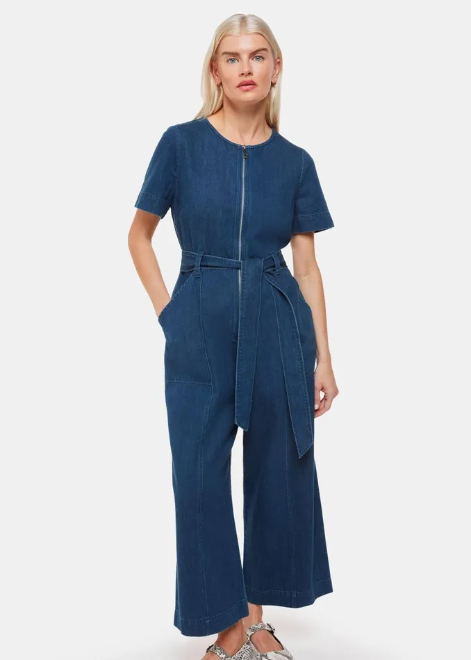Women Petite Dresses and Jumpsuits Whistles Denim Petite Short Sleeve Denim Jumpsuit