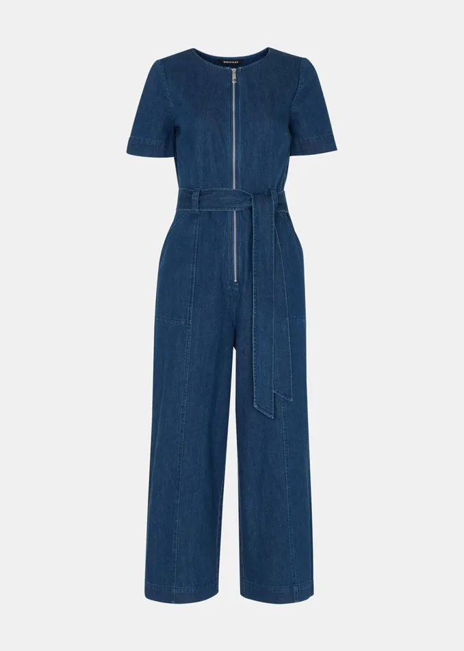 Women Petite Dresses and Jumpsuits Whistles Denim Petite Short Sleeve Denim Jumpsuit