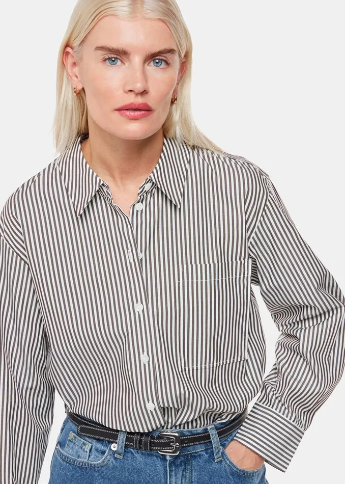 Women Petite Tailoring Whistles Black Petite Stripe Relaxed Fit Shirt