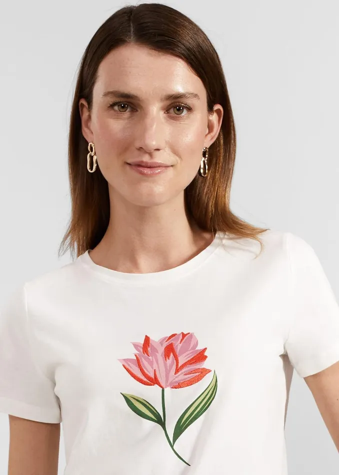 Women Pixie Cotton Embroidered TShirt Ivory Pink Hobbs Tops