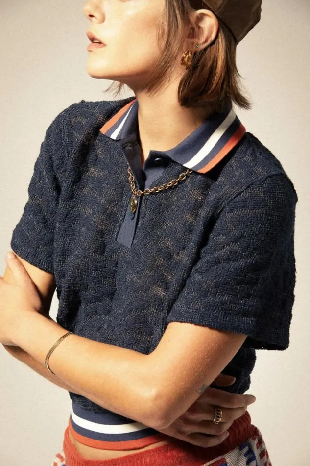 Women Retro Mesh SS Polo Washed Navy Brixton Tops