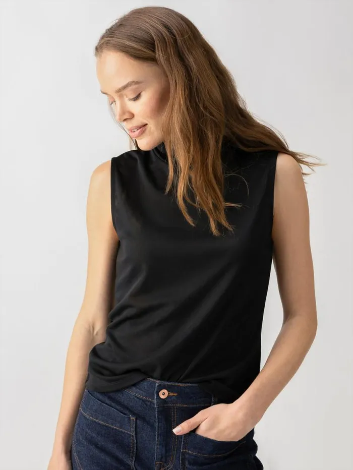 Women Shirred Neck Mesh Tank Black Sanctuary Clothing Tees and Tops