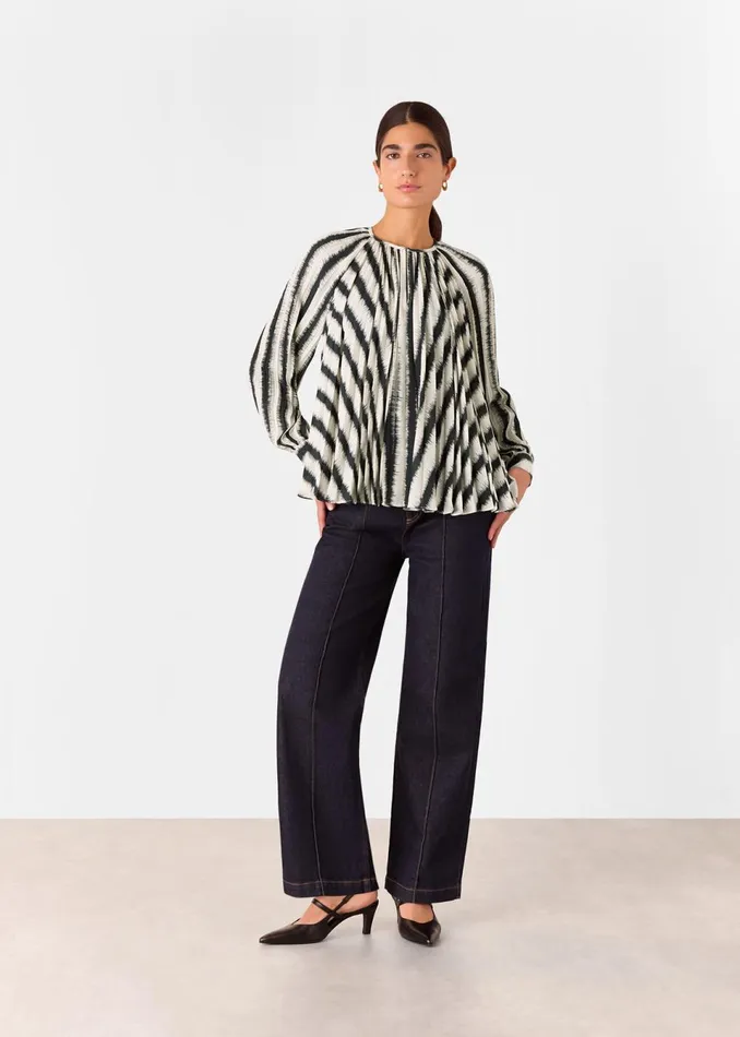 Women Shirts and Blouses Whistles Ivory Hazy Stripe Pleated Blouse
