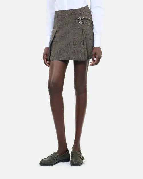 Women Skirts and Shorts The Kooples Prince Of Wales Short Pleated Wool Wrap Skirt Brown